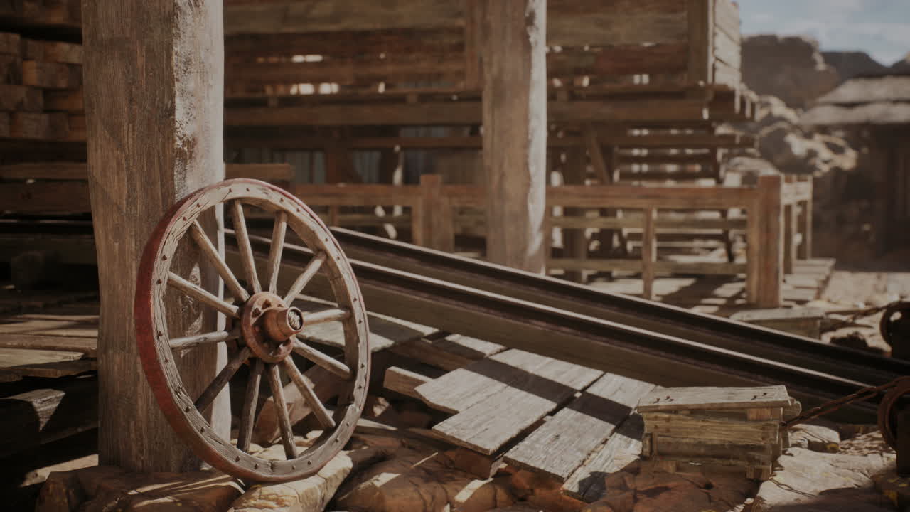 Old Western Town Scene with Wagon Wheel