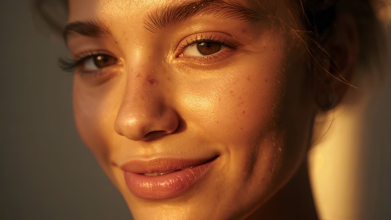 Smilende kvinne som vipper og utvider smilet nær vinduet mens sollyset skifter, gyllent lys på fregner