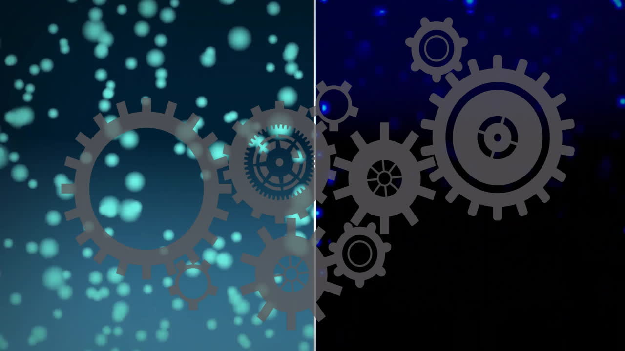 engranajes y partículas en movimiento animación sobre fondo azul y negro dividido