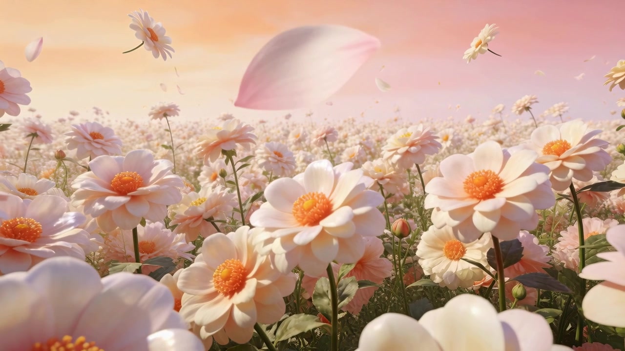 Sliding camera revealing peach-pink blooms with orange-yellow centers in low meadow