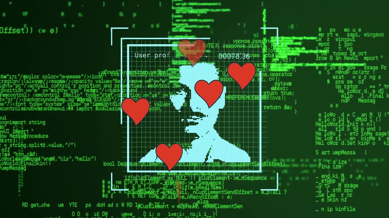 animación del procesamiento de datos financieros y corazones cayendo sobre un fondo oscuro
