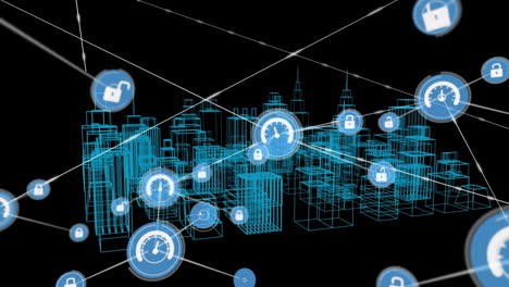 animación de la red de conexiones con iconos sobre el dibujo de la ciudad en 3d