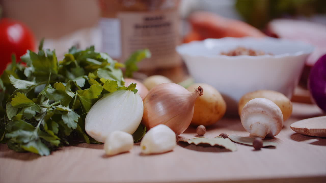 Fresh Food Ingredients On Wooden Table In Kitchen 16