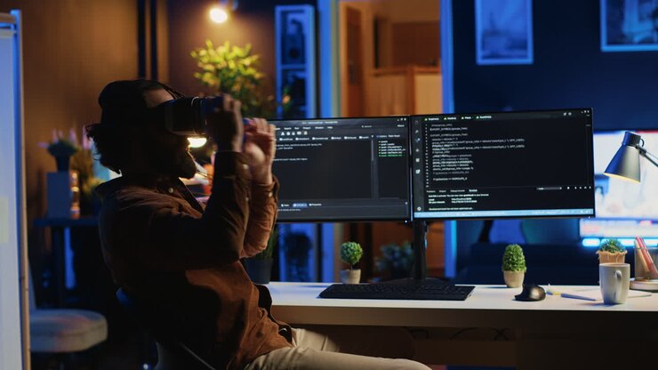 IT expert wearing high tech virtual reality headset to visualize lines of code