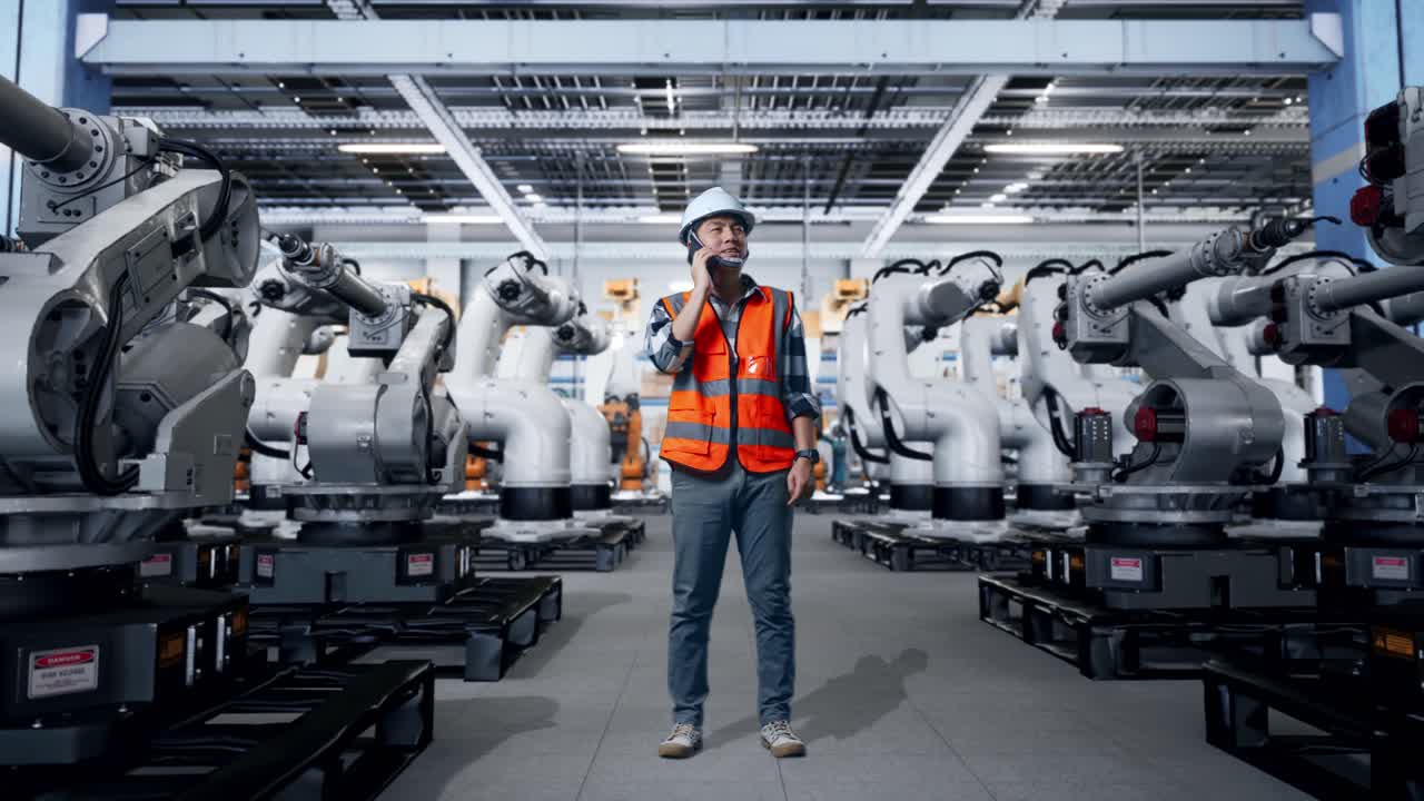 Factory Worker Talking on a Phone Around Industrial Robots