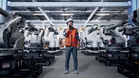trabajador de fábrica hablando por teléfono alrededor de robots industriales