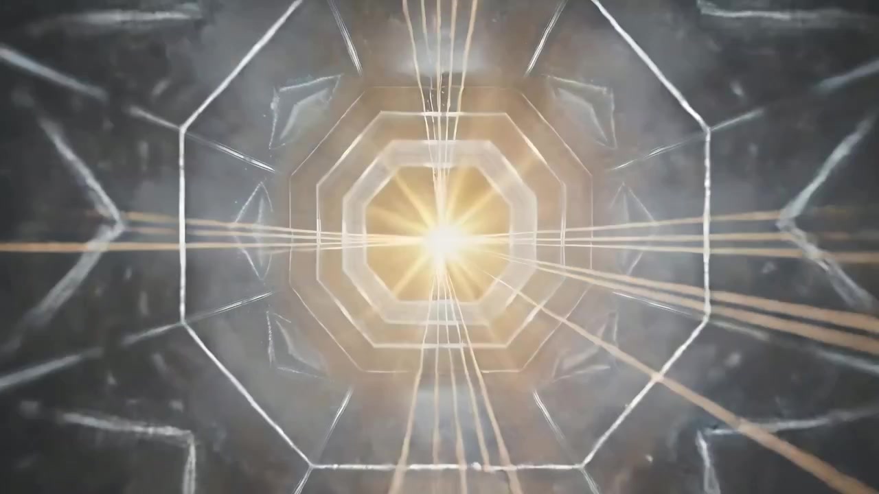 Pulsing octagon tunnel reacting to pulses, emitting radial, axial beams in metal tunnel, amber core