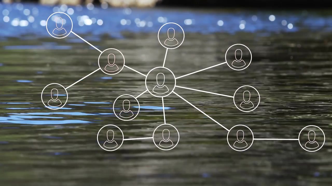Network starting with faint dots, lines reaching hub, avatars appearing, showing network over water