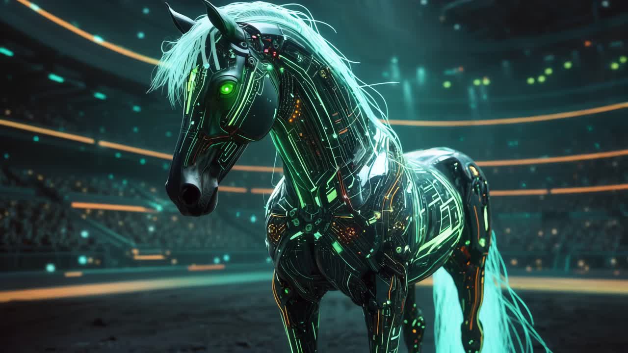 Cavallo robot in arena futuristica