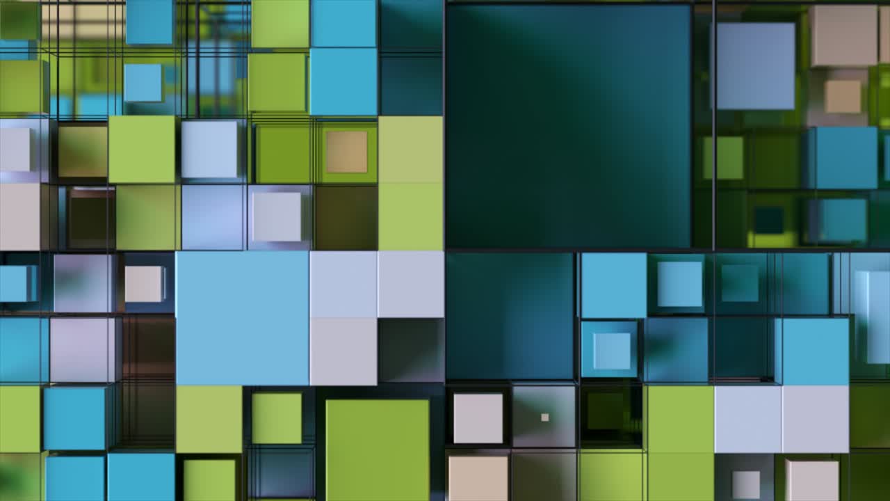 fondo abstracto con cubos de movimiento. una matriz de cuadrados de diferentes tamaños en una cuadrícula. animación 3d de un bucle sin costuras