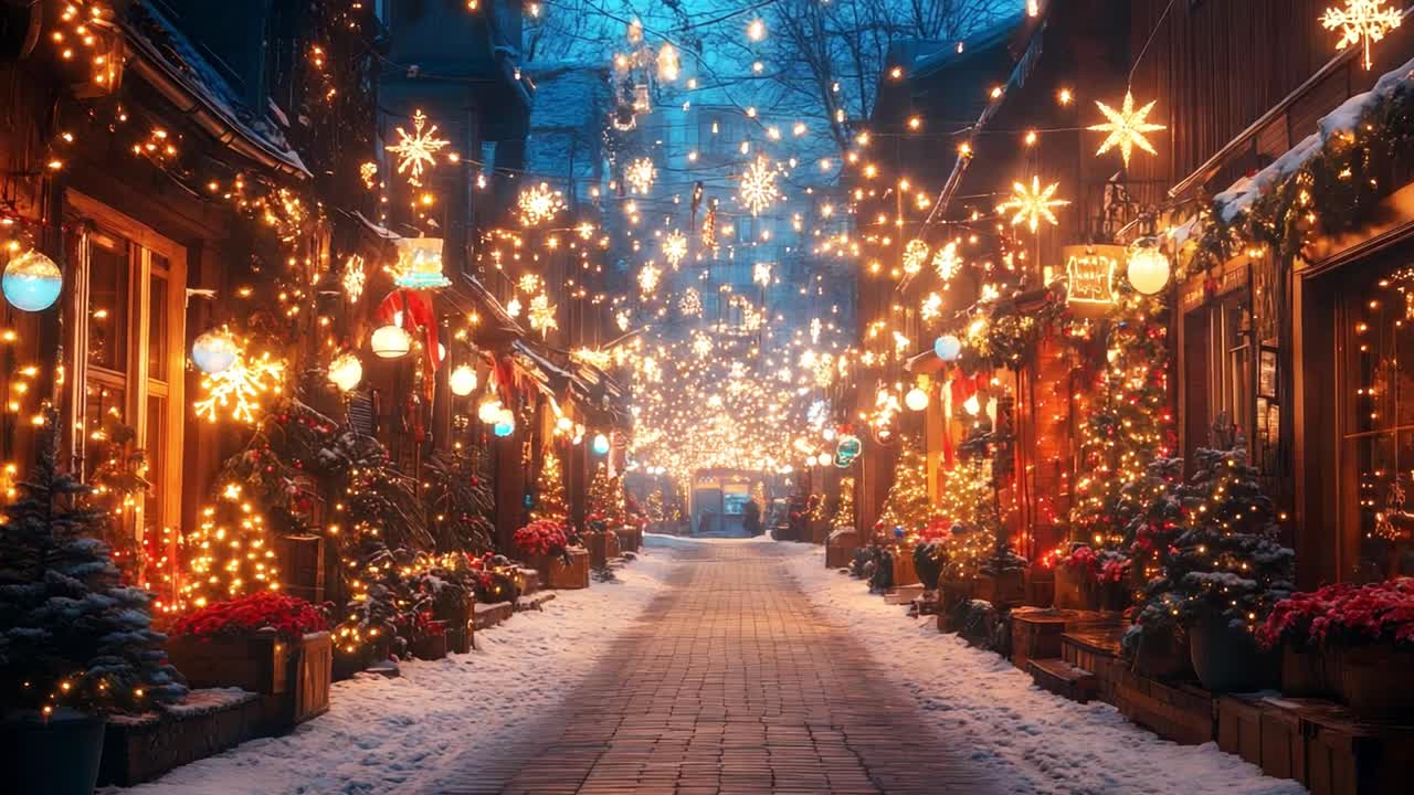 Christmas street with lights and snow