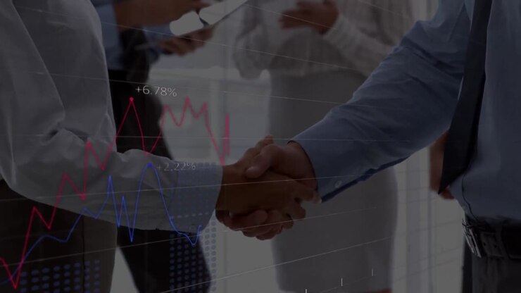Animazione di dati finanziari su uomini d'affari caucasici che si stringono la mano