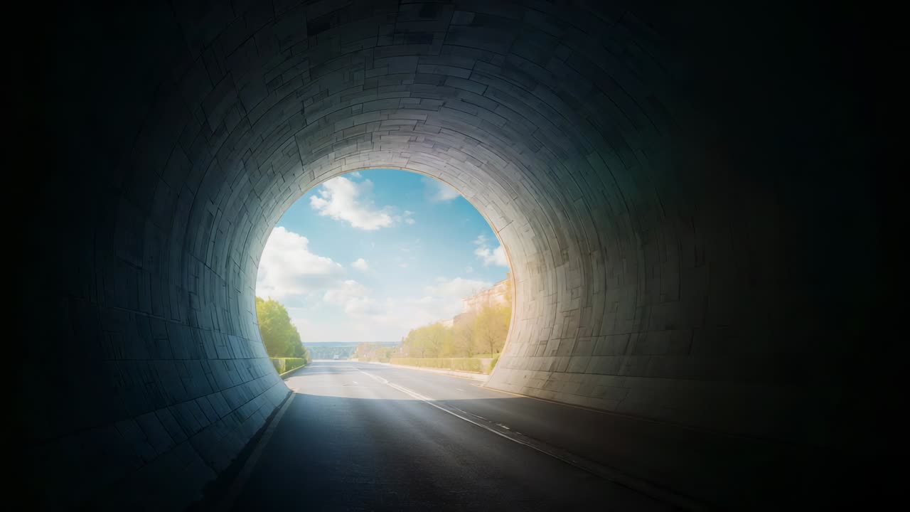 Starting motion, cam advancing through circular stone tunnel, revealing two-lane road into daylight