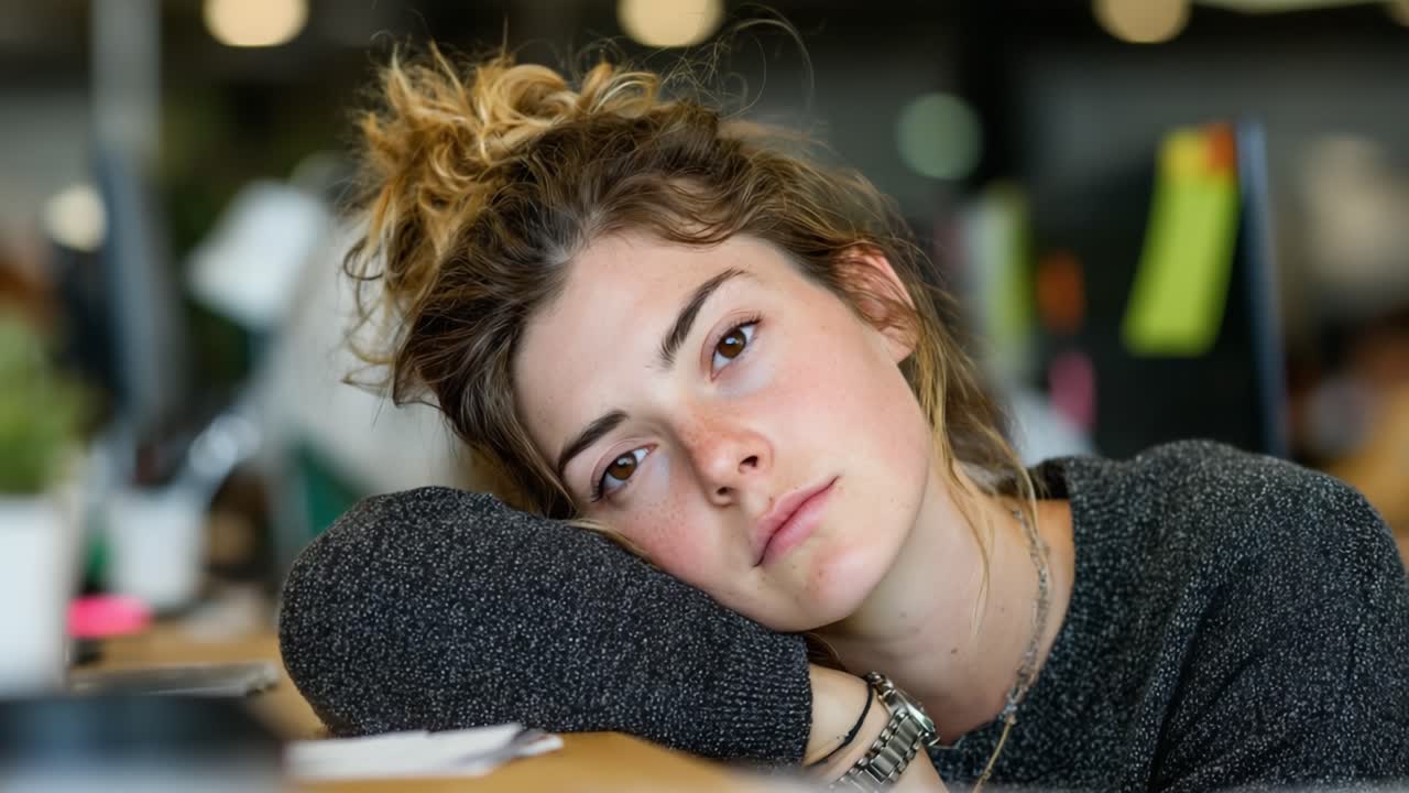 Exhaustion and Reflection: A Glimpse into the Life of a Tired Individual in a Contemporary Workspace