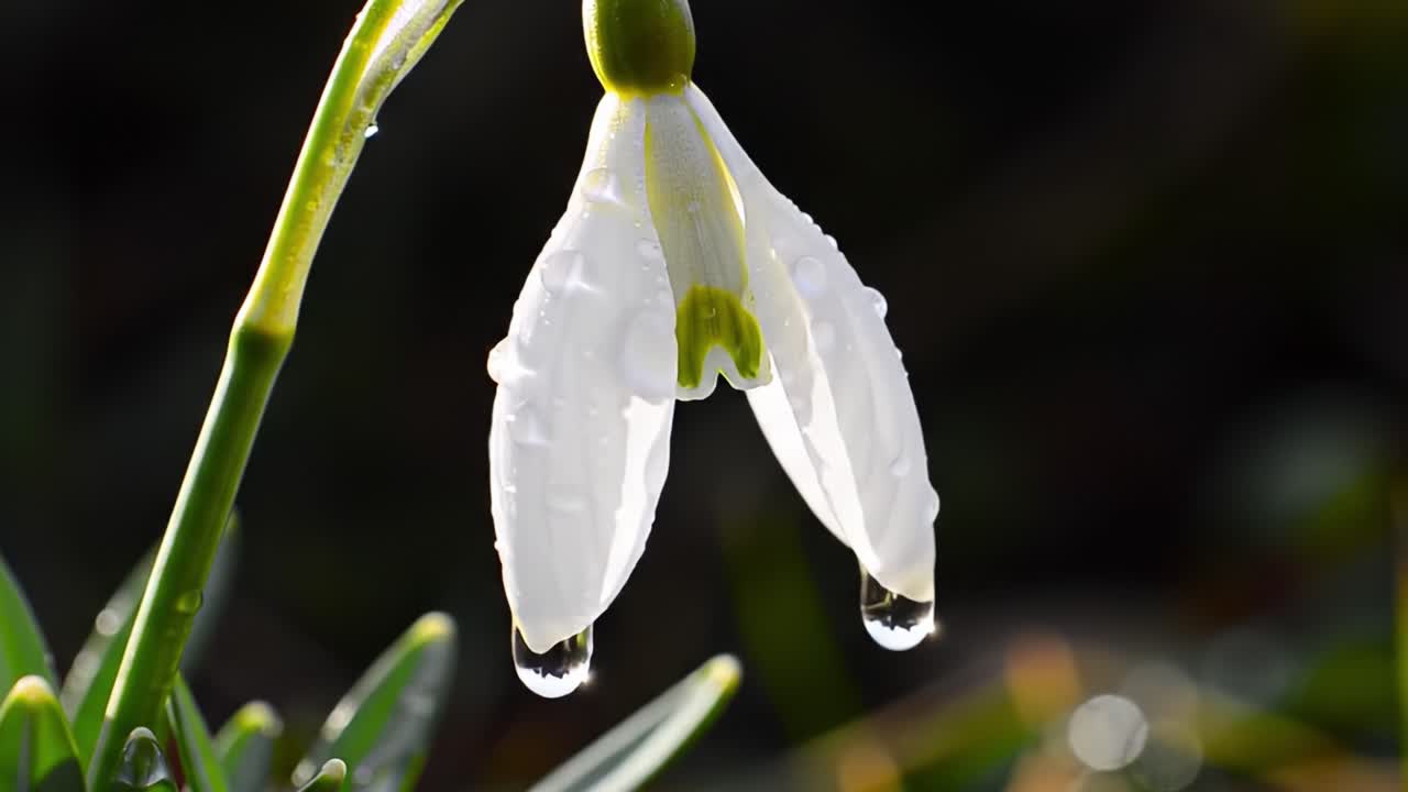 A delicate snowdrop flower emerges, displaying its unique shape with droplets of morning dew. Spring colors fill the background, highlighting the beauty of nature awakening.