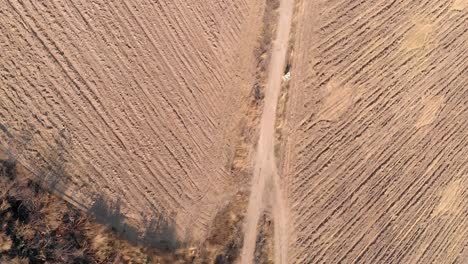 cultivated farm fields with dry land and no crops, aerial view