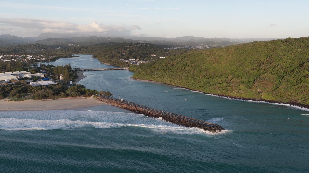 Tallebudgera Creek Breakwater Near Burleigh Heads On The Gold Coast In Queensland, Australia. Aerial Drone Shot