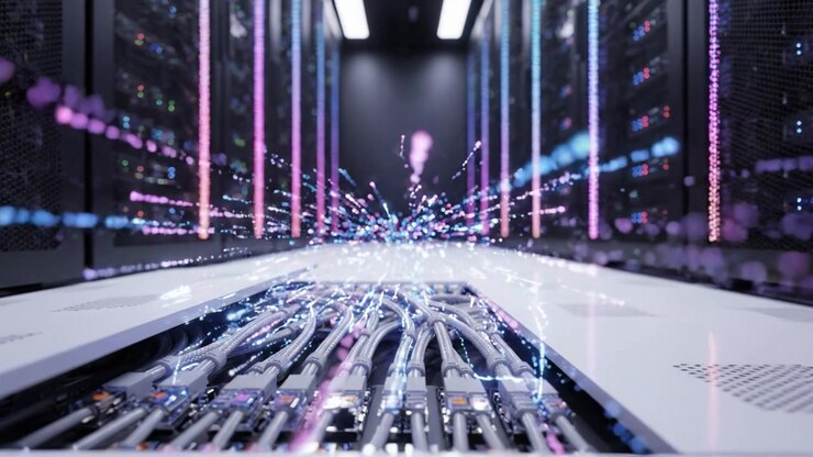 High-Tech Server Room: A Glimpse into the Heart of Data Centers with Advanced Technology and Illuminated Components for Enhanced Performance and Connectivity