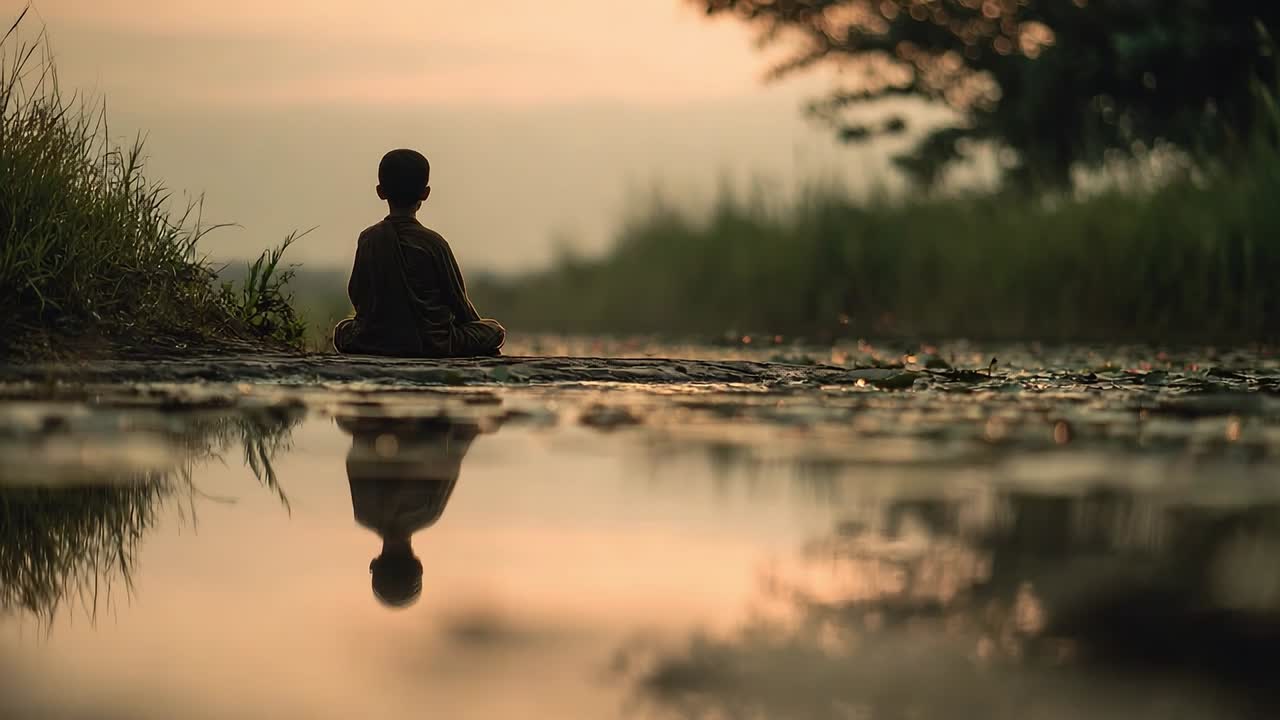 Child sits peacefully by a calm lake at sunset