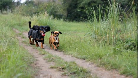 two happy dachshund dogs running together on a countryside dirt path.
