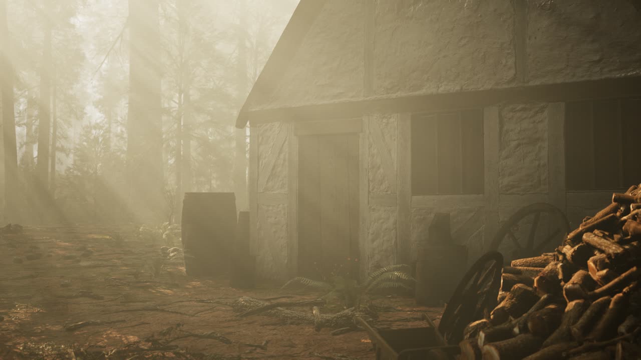 vieja casa de madera en el bosque de otoño