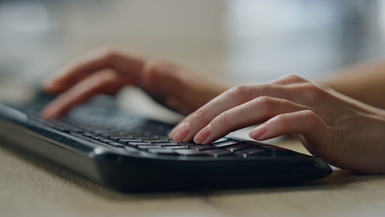 Manager hands typing desktop keyboard closeup. Journalist woman writing article.