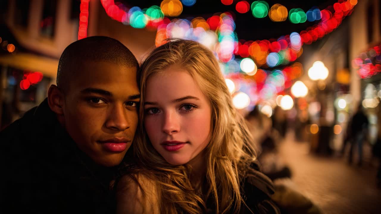 A Romantic Evening Celebrated Under Colorful Lights: A Couple Captured in a Heartwarming Moment Amongst a Vibrant Festival Atmosphere