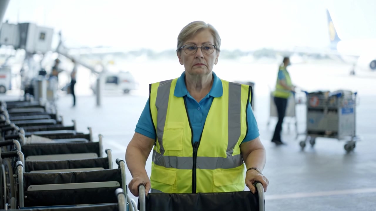 Membro da Equipe do Aeroporto Preparando Cadeiras de Rodas para Passageiros em Chegada, Demonstrando Profissionalismo e Dedicação em um Ambiente de Terminal Movimentado