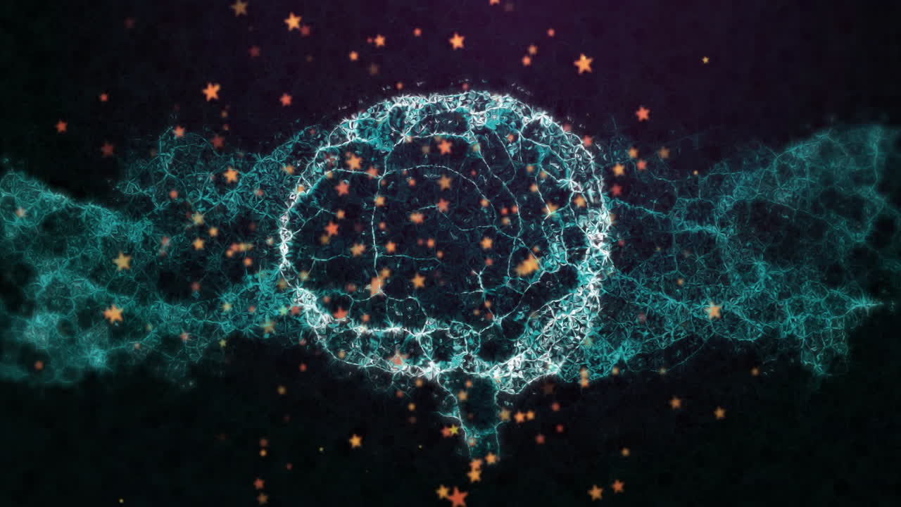 Neural network animation with glowing connections and stars over dark background