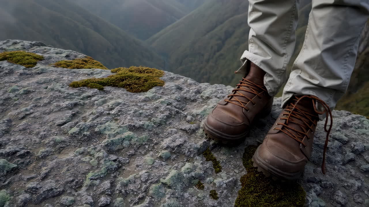 Hiking boots on a mountain cliff overlooking a valley