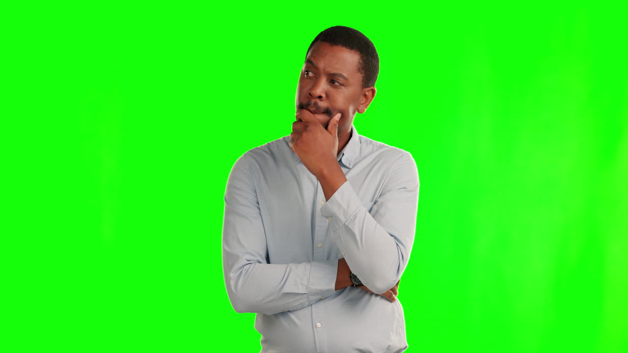 Confused, black man and thinking of ideas on green
