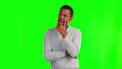 confused, black man and thinking of ideas on green