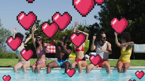 Animation-of-hearts-over-happy-diverse-friends-at-pool-party