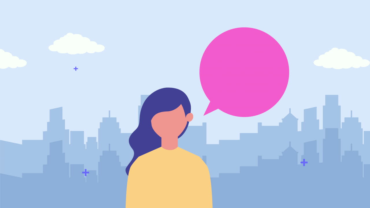 연설 거품을 가진 젊은 여성 캐릭터