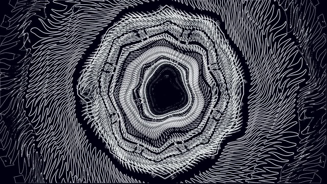 A tunnel video loop displays a series of abstract patterns and shapes flowing in a circular motion. The seamless animation offers a captivating visual for screensavers or live wallpapers