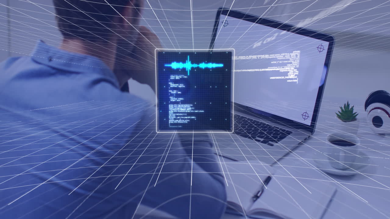 animación de procesamiento de datos informáticos sobre el hombre usando una computadora portátil.