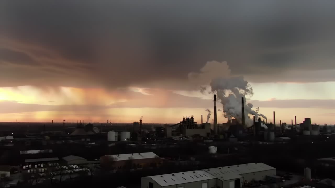 Industrial Landscape at Dusk: A Captivating View of Smoke Stacks and Changing Skies in a Transforming Urban Environment