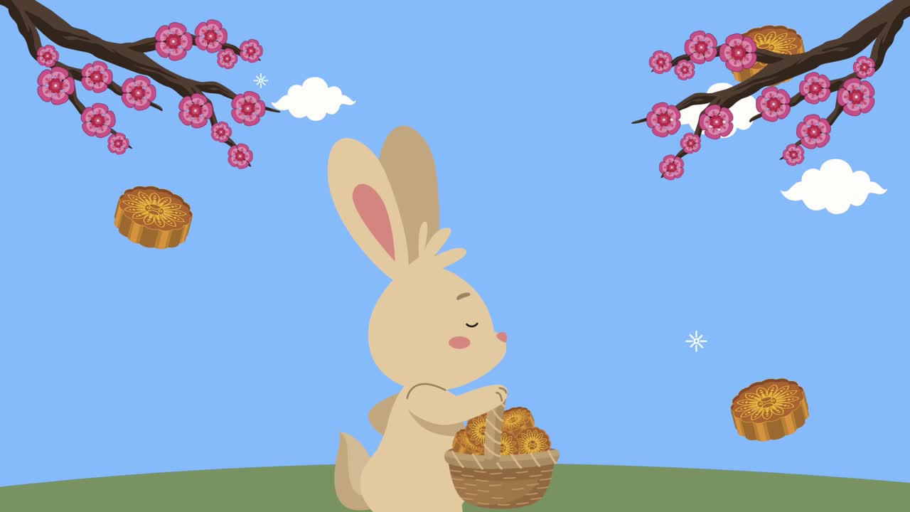 happy mid autumn festival animation with rabbit lifting basket