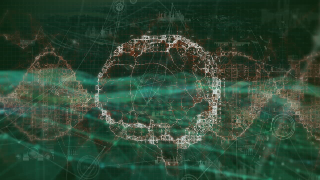 animación de la red de conexiones contra el icono del cerebro humano giratorio y la onda digital