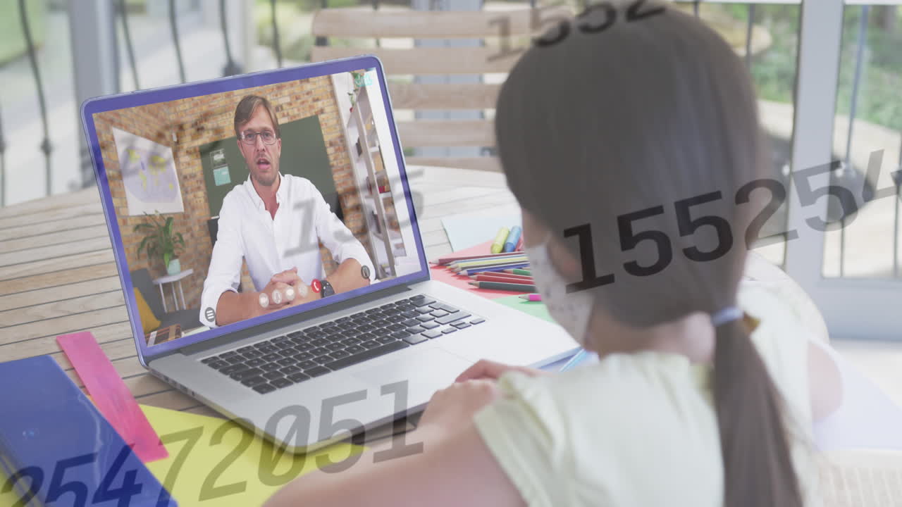 Animation of data processing over caucasian girl having school video call