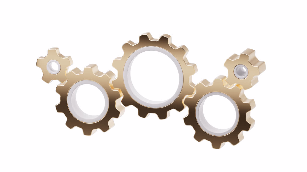 Mechanical golden gears with industry technology with alpha channel, 3d rendering
