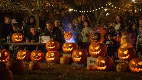 a festive halloween gathering showcasing a vibrant display of jack-o'-lanterns with enchanting glow, engaging children and adults alike in the spooky atmosphere