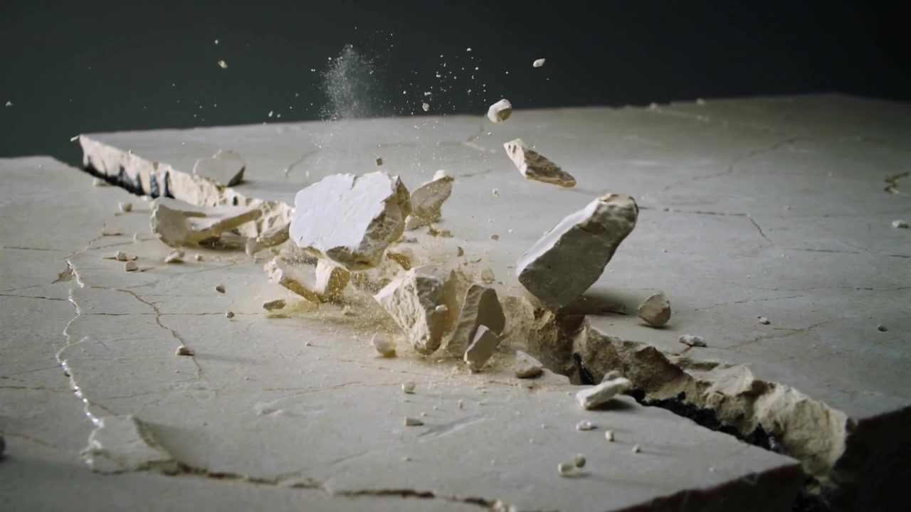 Breaking raised fragment causing pale slab shedding fragments and dust on table, exposing dark void