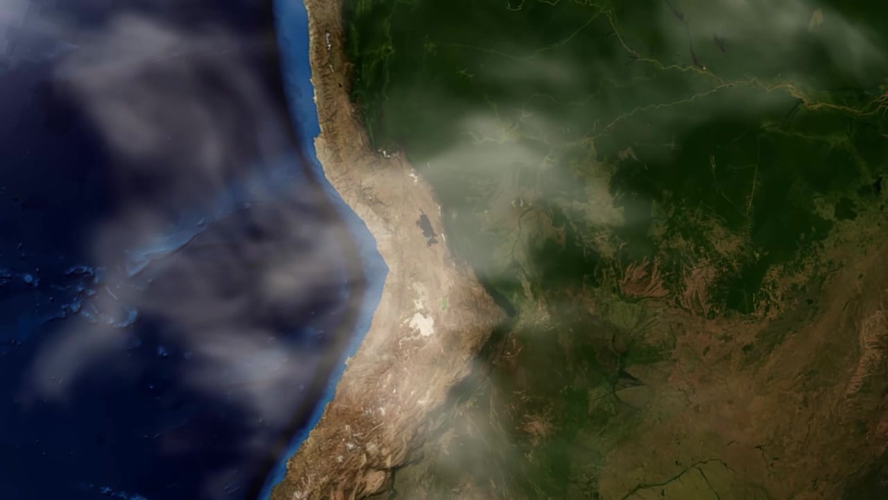 Satellite camera zooms from orbit into South America, pinning La Paz, Bolivia with clouds. Includes NASA public domain imagery.