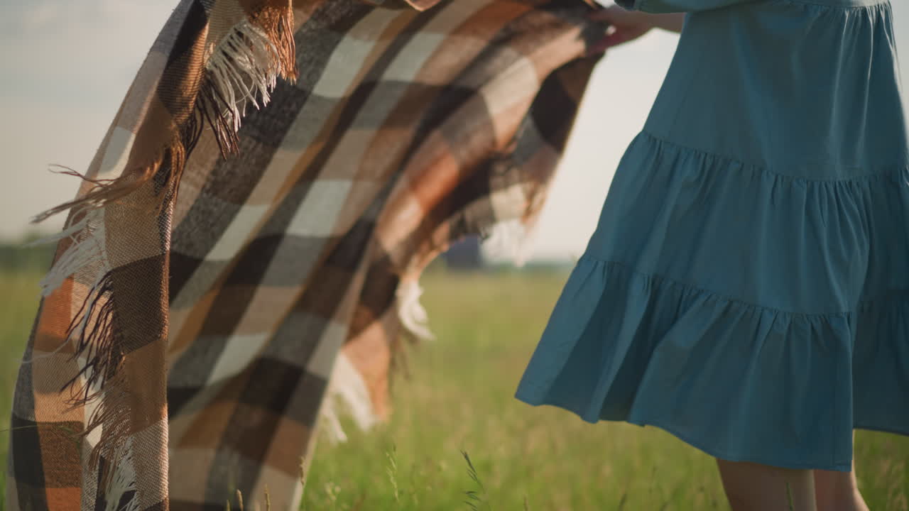un retrato de una mujer con un vestido azul sosteniendo una bufanda a cuadros mientras el viento la sopla en un campo cubierto de hierba. un niño es visible en el fondo, añadiendo una sensación de movimiento y serenidad a la escena al aire libre