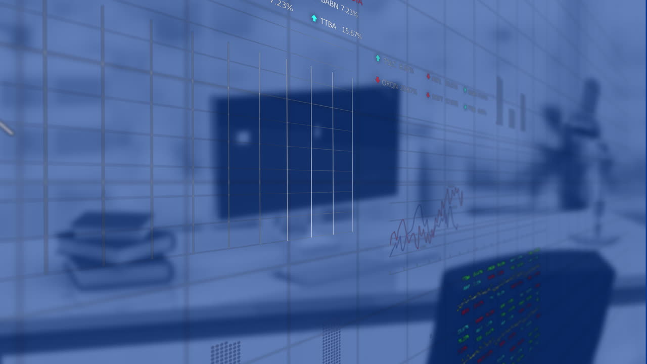 Animation of financial data processing over office with computer on desk