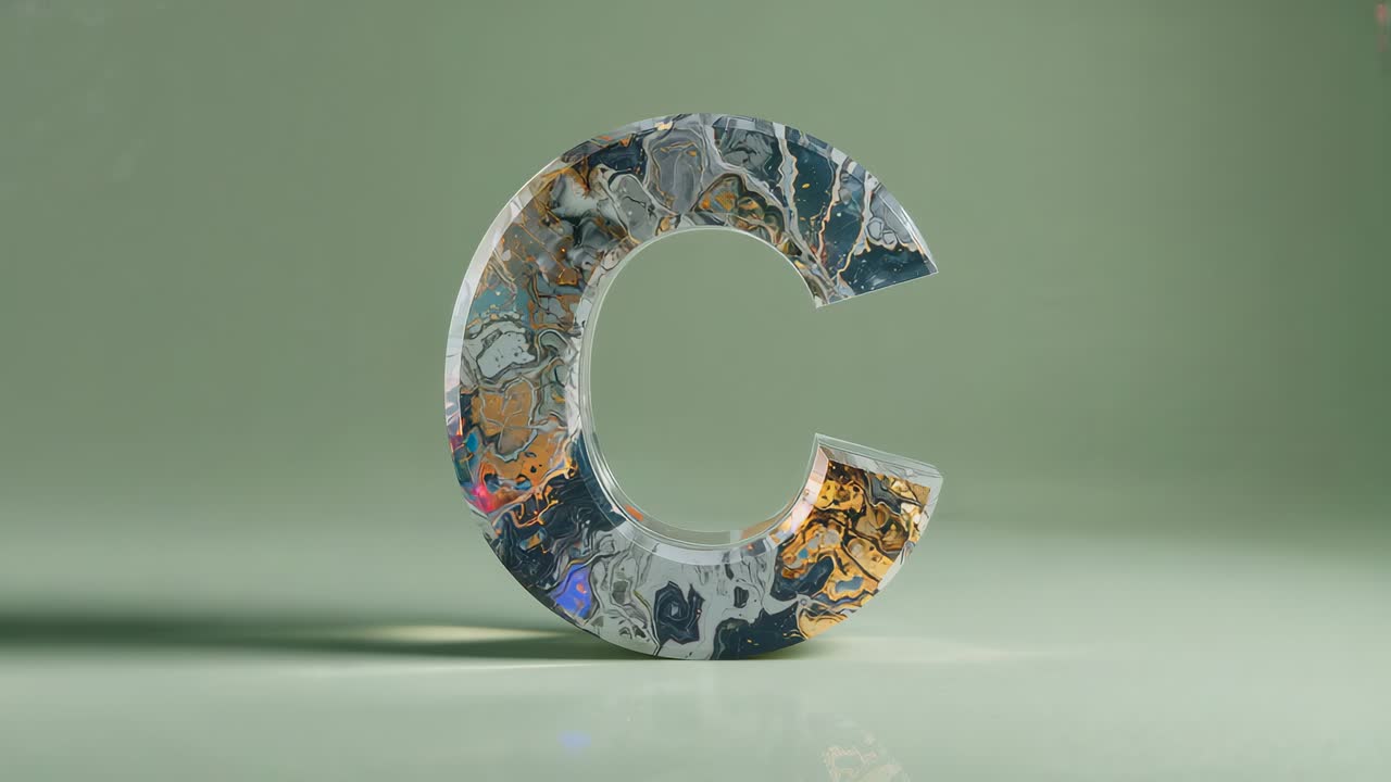 Brightness rising causing marble-metal letter C shifting through lighting hues on glossy table