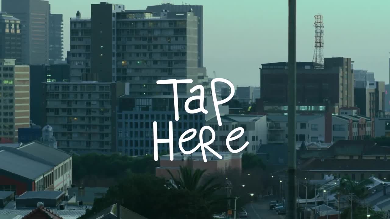 animación de tap aquí banner de texto contra la vista aérea del paisaje urbano.