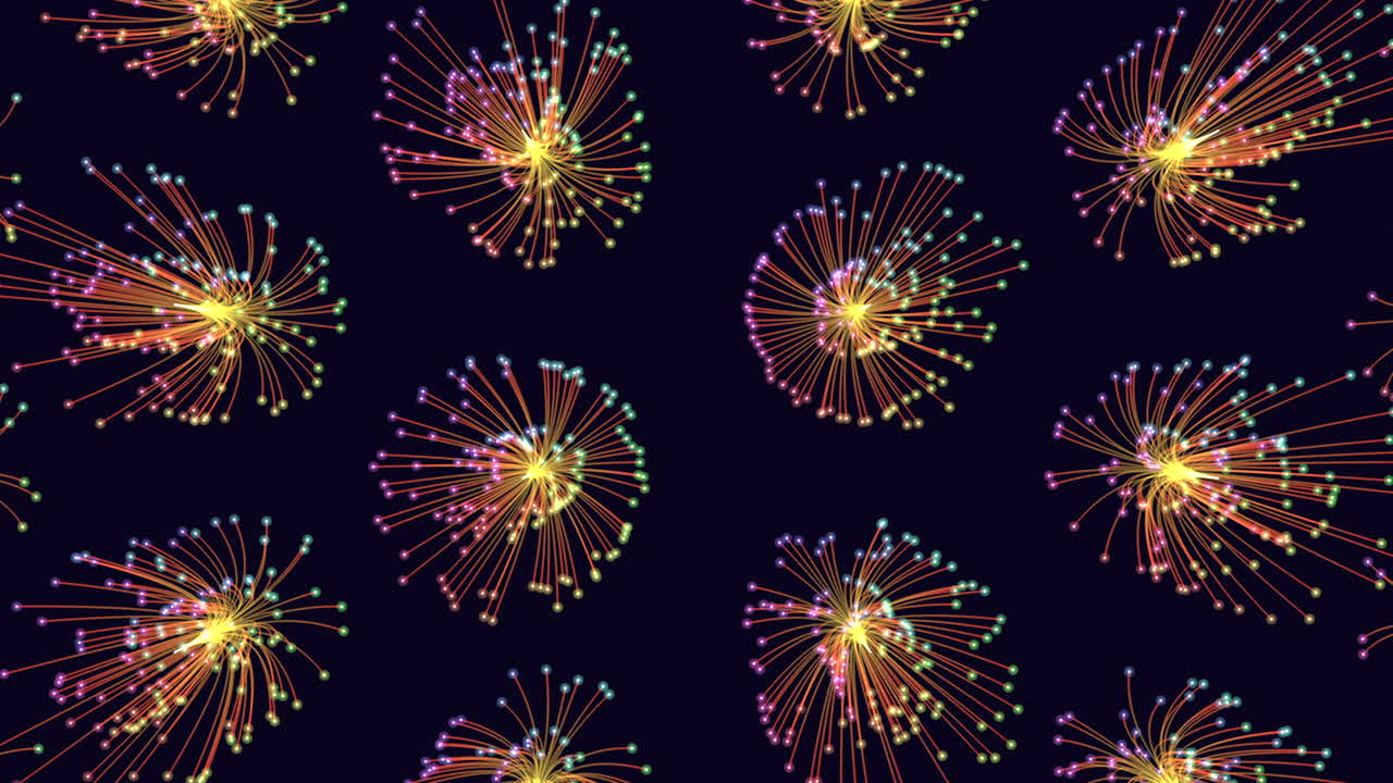 Motivo a sfere al neon con brillantini e linee su sfumatura nera