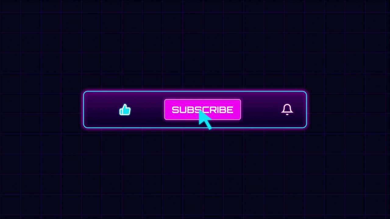 Botón de Suscribirse estilo Neon Synthwave con iconos de Me Gusta y Campana